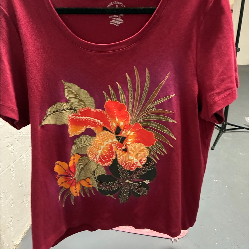 White Stag Burgundy Short Sleeve Tee with Tropical Floral Print